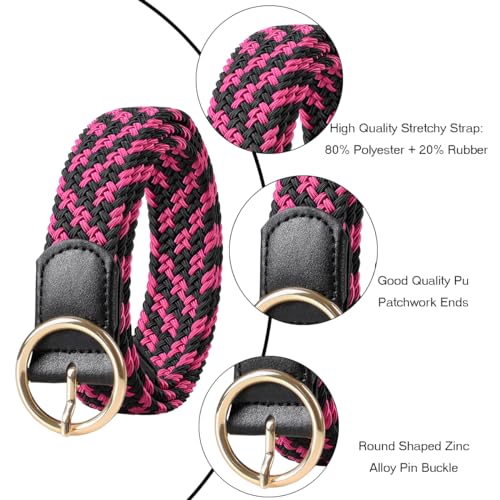 Women's Braided Elastic Belt Stretch Woven Round Pin Buckle Woven Fabric Belts for Jeans 1.18" Wide3