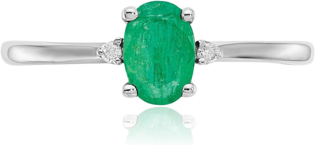 IceCarats 10K Solid White Gold 0.45 carat Green Emerald Diamond Accent Three Stone Solitaire Ring Oval Cut, Natural, Prong Set