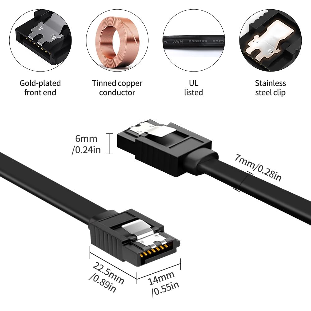 Lot de 1 câble SATA III 18" 6 Gbps plat 180-180 degrés SATA HDD, SSD, lecteur CD, graveur CD, noir