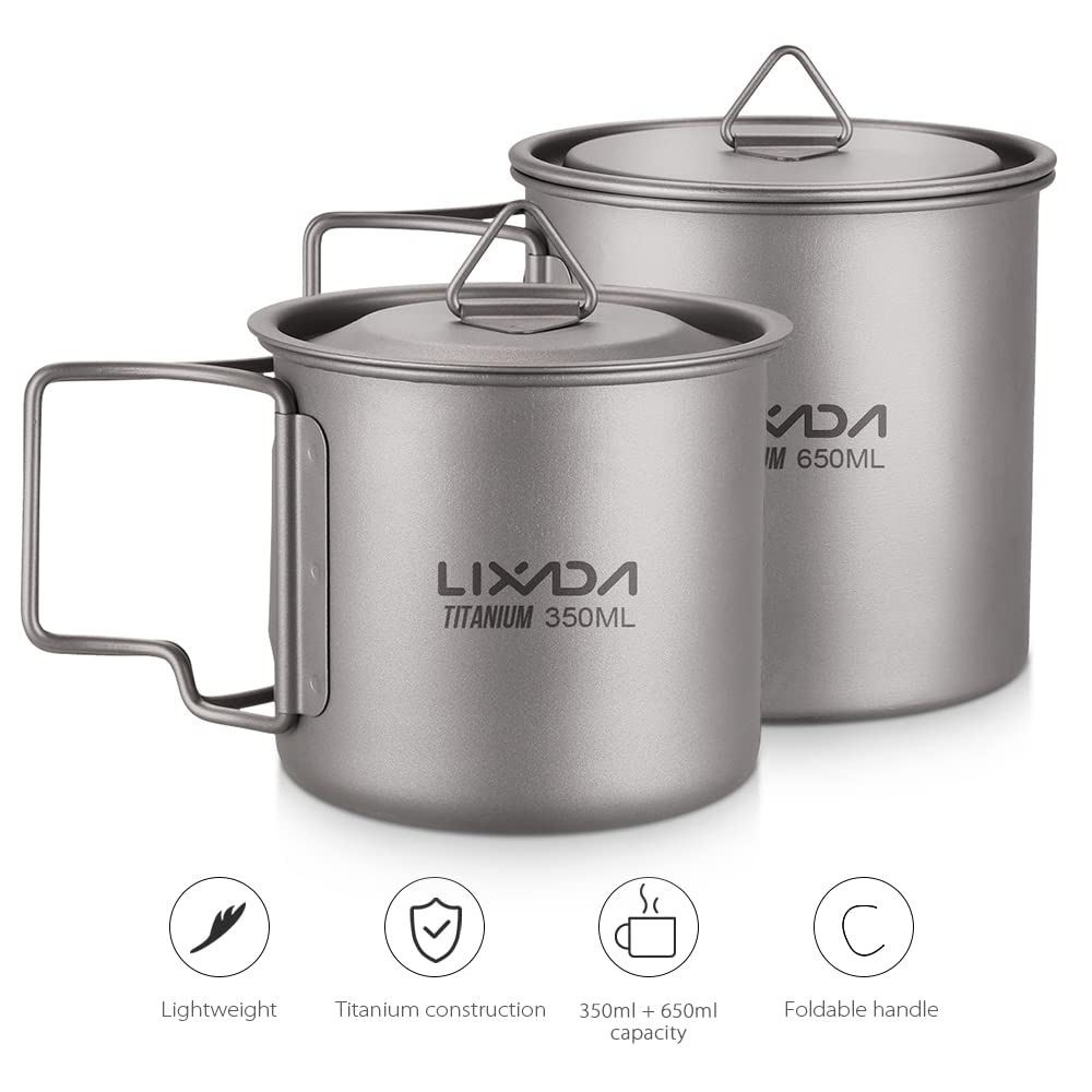 Lixada Ultraleichter Titan-Camping-Topf mit Griff zum Aufhängen, Outdoor-Wasserbecher für Picknick, Wandern, Camping, Wandern