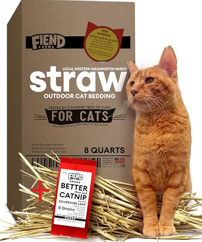 Wheat Straw for Cat Shelter Bedding 8 Quarts (1.5 lbs) Fresh Raw USA Wheatstraw from Local Washington State Farm and Bonus 8g Catnip with Silvervine – Box Stuffed for Outdoor Feral or Indoor Pet Hay