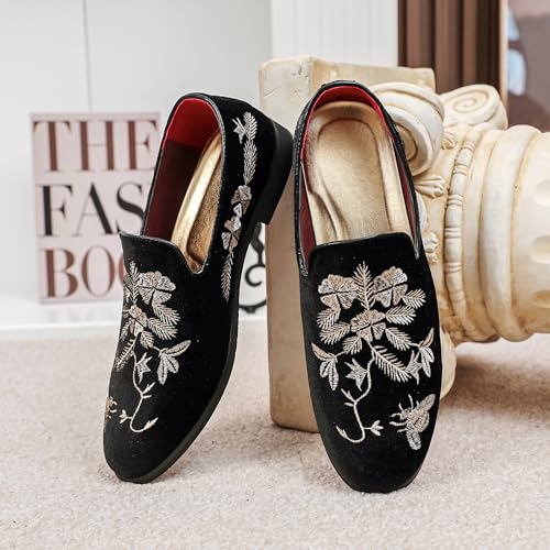 LCQL Men's Luxury Velvet Embroidery Loafers Slip On Flat Boats for Prom Party Wedding Office Outdoor Indoor Shoes Size 7-144
