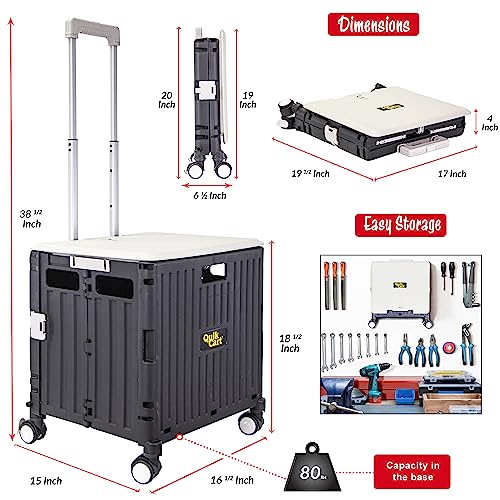 Image of dbest Products Quik Cart Swing Lid Four Swivel Wheeled Rolling Crate Teacher Utility with seat Heavy Duty Collapsible Basket with Dual Telescopic Wagon Handle