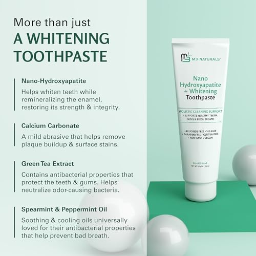 Nano Hydroxyapatite Fluoride Free Whitening Toothpaste + Calcium, Non-GMO, Vegan, Paraben Free, 4.23 oz (120 g) 3 Pack by M3 Naturals