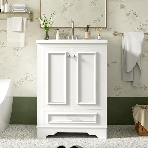 Bathroom Vanity,24 Inch,w/Ceramic Sink Combo,Modern Freestanding Storage Cabinet with Silver