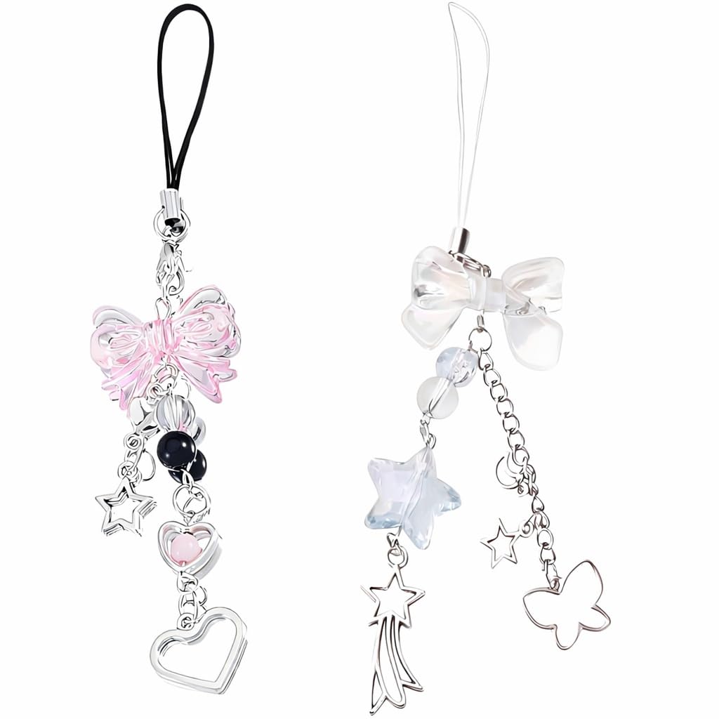 Lot de 2 Bijoux de Téléphone Y2K Esthétique Phone Charm Papillon Cœur Étoile pour Filles