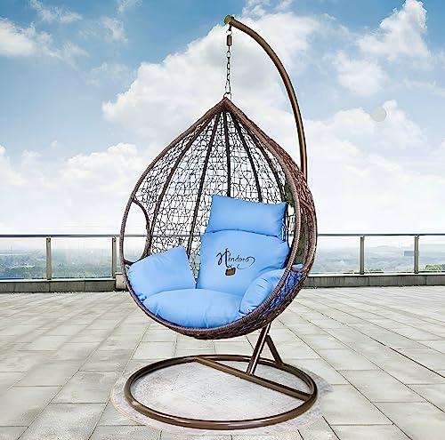 Image of Hindoro Rattan Wicker Wrought Iron Single Seater Swing Chair with Stand & Cushion & Hook Outdoor || Indoor || Balcony || Garden || Patio || Living Outdoor Furniture (Dark Brown with Blue, Egg Shape)