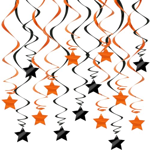 Image of BEISHID Black Orange Stars Hanging Swirls Pre-Strung Stars Hanging Decorations for Baby Shower Halloween Fall Basketball Birthday Decorations Supplies,Pack of 15