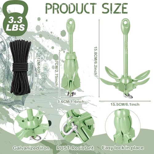 Image of MorningRo 1 Pack 1.5 /3.5 lb Marine Kayak Anchor Kit with 40ft Rope and Buoy Folding Grapnel Boat Anchor Kit Kayak Fishing Accessories for Small Boats, Canoe, SUP Paddle Boards