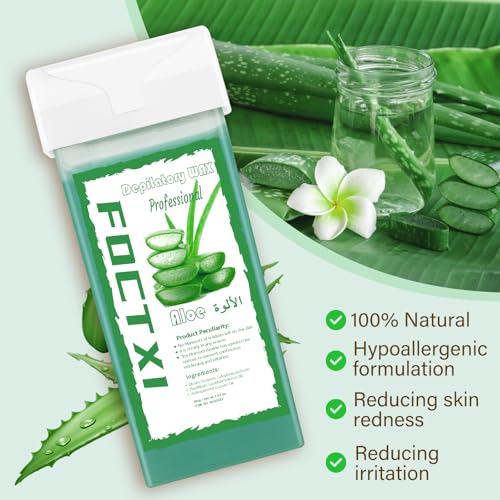 Image of Roll on Wax Cartridge, 4 Hair Removal Aloe Vera Ｗax Cartridge with 10 Pack Cleaning Oil Wipes, Depilatory Wax Roller Refill for Women Sensitive Skin
