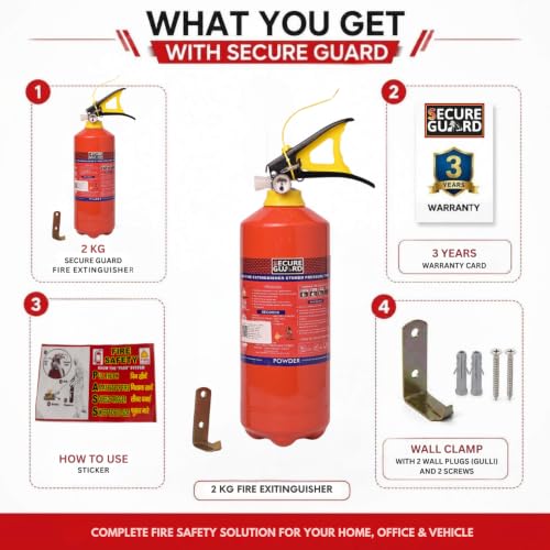 Image of Secure Guard ABC Powder Type 2 Kg Fire Extinguisher Red Fire Extinguisher ISI Mark with Wall Mount Hook and How to use Instruction Manual for Home, Kitchen, Office, School and Industrial Use