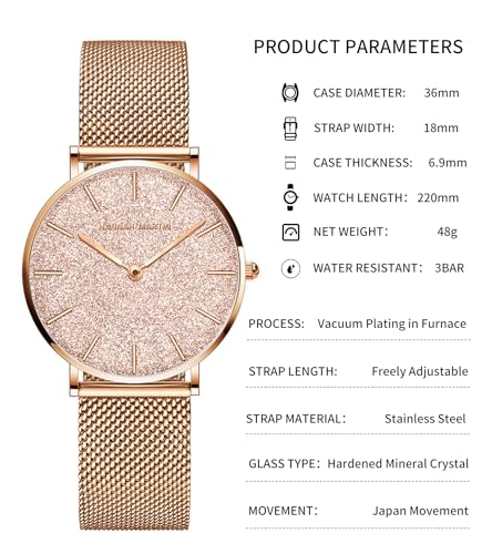 Image of HANNAH MARTIN Watches for Women Analog Women's Watch with Stainless Steel Expansion Band Minimalist Slim Dial 30M Waterproof Ladies Dress Wristwatch for Casual Daily Business