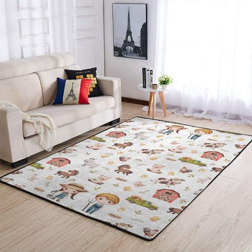 Image of Watercolor Farm Area Rugs Baby Toddler Nursery Bedroom Decor Throw Carpets Farm Animals Pig Goat Horse Cow Chick Rooster Duck Leaves Barn Truck Floor Mats for Kitchen Living Room Bathroom 48x72inch