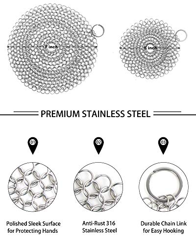 Image of Cast Iron Skillet Cleaner Chainmail,4 Pack Premium Stainless Steel Chain Maille Scrubber for Cast Iron Pans,Stainless Steel,Glassware(7IN &5IN Round)
