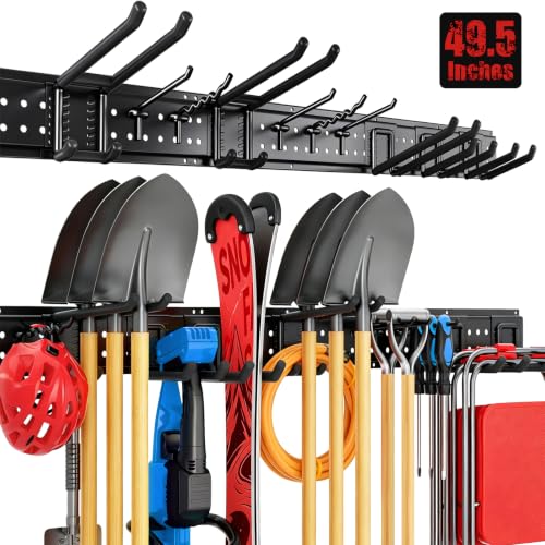 Garage Tool Organizer Wall Mount 49.5 inches with 10 Adjustable Heavy-Duty Hooks, Garage Organization, Garden Tool Storage Rack, Yard, and Shed, Holds Up to 400 lbs