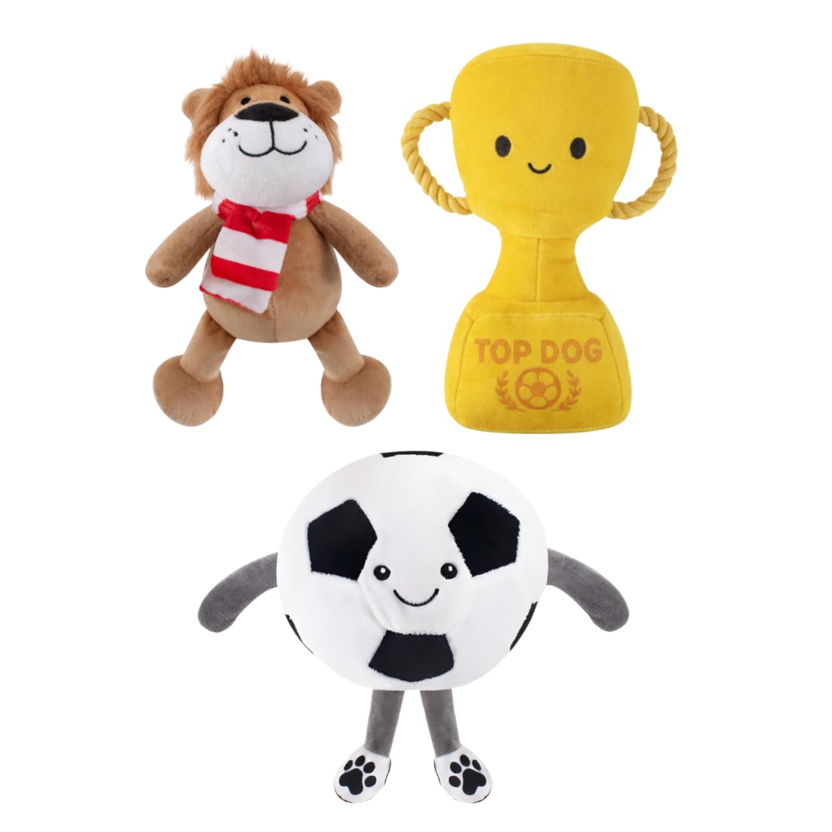 YöL Set of 3 Plush Dog Toys with Squeaker Crinkle Effect - Football Lion World Cup Trophy Soft Interactive Play 25cm World Cup Style Plush Pet Toy for Small to Medium Dogs