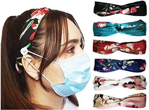Sove Essentials | 6 Pack of Headbands with Buttons for Women- for Face Masks and Covers - Ear Saver Prevents Ear Irritation- Chiffon Hair Accessories for Nurses and Doctors. (6 Pack)