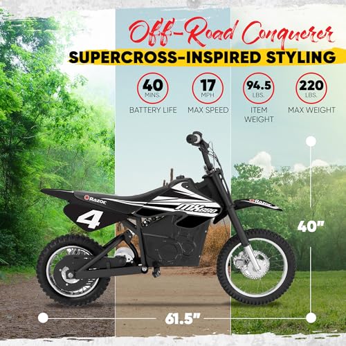 Image of Razor MX650 Dirt Rocket Bike Electric Ride-On for Ages 16+, 220 lb Max Weight, Black - 36V Battery, Up to 17 Mph, 40-Min Run Time, Twist-Grip Throttle, 16 inch Front and 14 inch Rear Pneumatic Tires
