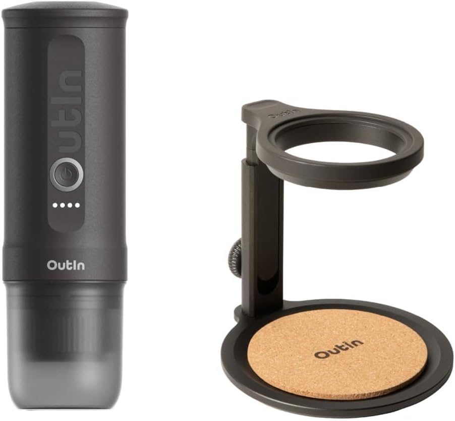OutIn Nano Portable Electric Espresso Machine Space Gray with Coffee Stand with Cork Pad
