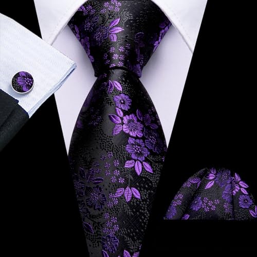 Image of Barry.Wang Flower Ties for Men Silk Woven Floral Tie Sets Necktie Handkerchief Cufflinks Wedding Party