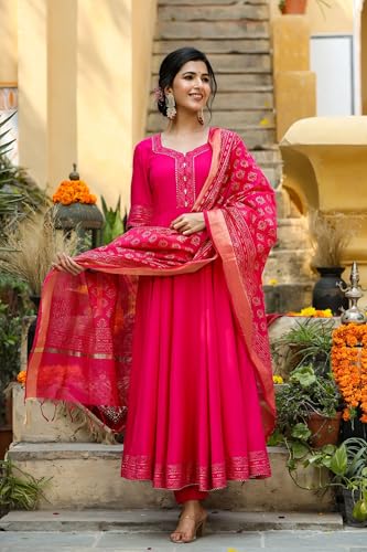 Image of GoSriKi Women's Rayon Blend Anarkali Solid Kurta with Pant & Dupatta