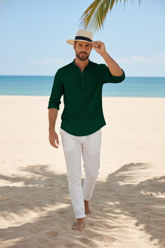 Image of Men's Cotton Blend Short Kurta with Collared Neck Full Sleeves Solid Pattern Western Style Regular Fit and Standard Length