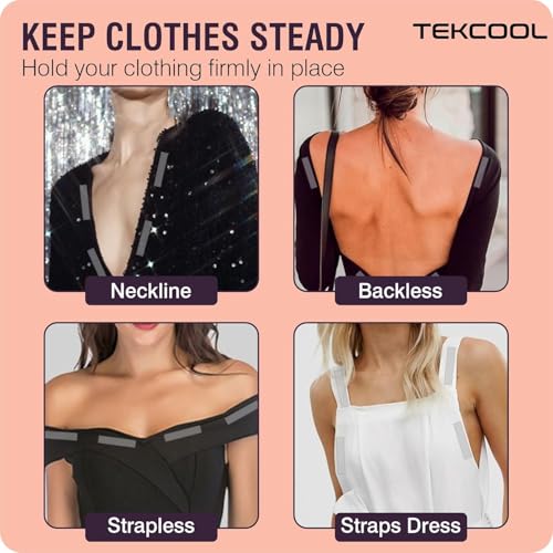 Image of TEKCOOL 216 Strips Double Sided Tape for Fashion, Clothing and Body | All Day Strength Invisible Dress Tape for Women | Gentle to Stick on Skin and Clothes | Transparent (216 Strips);