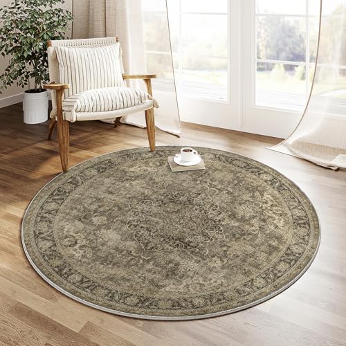 3x3 Washable Round Rug Brown Vintage Entryway Non Slip Low Pile Traditional Circle Area Rug Retro Distressed Soft Small Thin Accent Throw Rug for Entrance Bathroom Dining Room