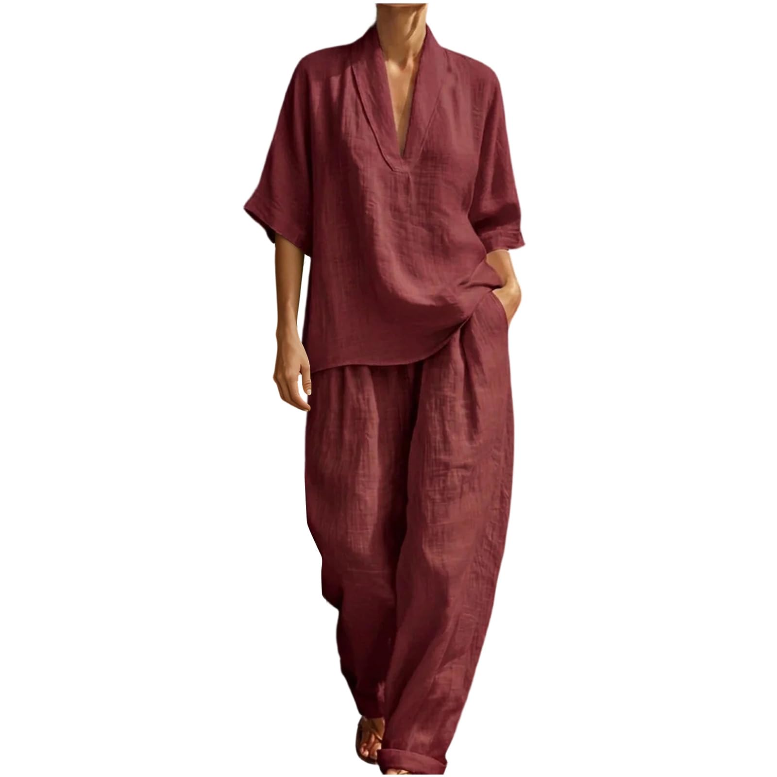 Zweiteiler Damen Sommer Leinen Outfit Hosenanzug Elegant Musselin Set Casual V-Ausschnitt Oberteil und Weite Hose mit Taschen Baumwolle Freizeitanzug Lounge Kleidung