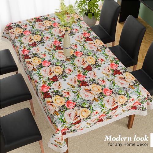 Image of Kuber Industries 60x90 Inch PVC Dining Table Cover 6 Seater Waterproof | Indoor and Outdoor Dining Table Cover /Sheet for Party and Events | Rose Design - White