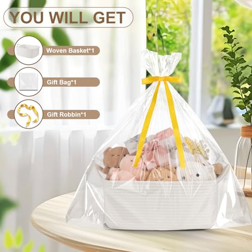 Image of OIAHOMY Small Woven Basket with Gift Bags, Ribbons, Baskets for Gifts Empty, Small Rope Basket 15.35 * 11.42 * 6.7IN, Cute Decorative Baskets with Handles for Baby Pets, Toys, White