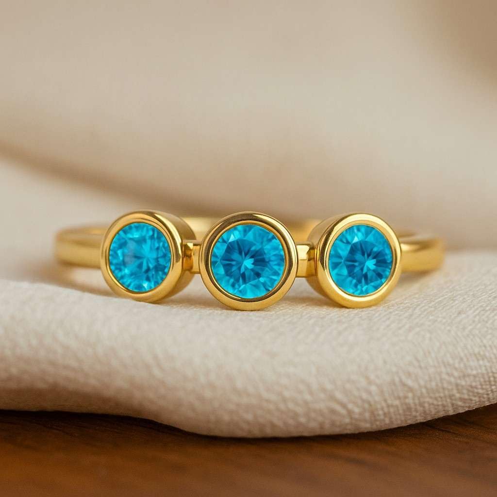 Swiss Blue Topaz Ring for Women in 14K Gold or 925 Sterling Silver – Natural Swiss Blue Topaz Three Stone Bezel Set Ring – Dainty December Birthstone Jewelry Gift