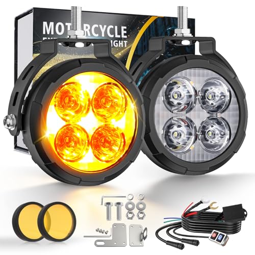 CO LIGHT 2 Stück Motorrad Zusatzscheinwerfer Bernstein/Weiß Zweifarbige LED Nebelscheinwerfer mit 9 Mod Inklusive Kabelbauml Halter Kompatibel füR Motorrad Auto SUV LKW ATV