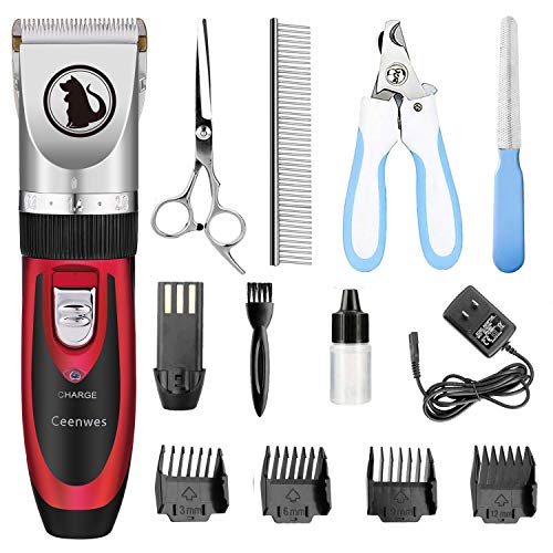 Ceenwes Dog Clippers Low Noise Pet Clippers Rechargeable Dog Trimmer Cordless Pet Grooming Tool Professional Dog Hair Trimmer with Comb Guides Scissors Nail Kits for Dogs Cats & Other(Red)