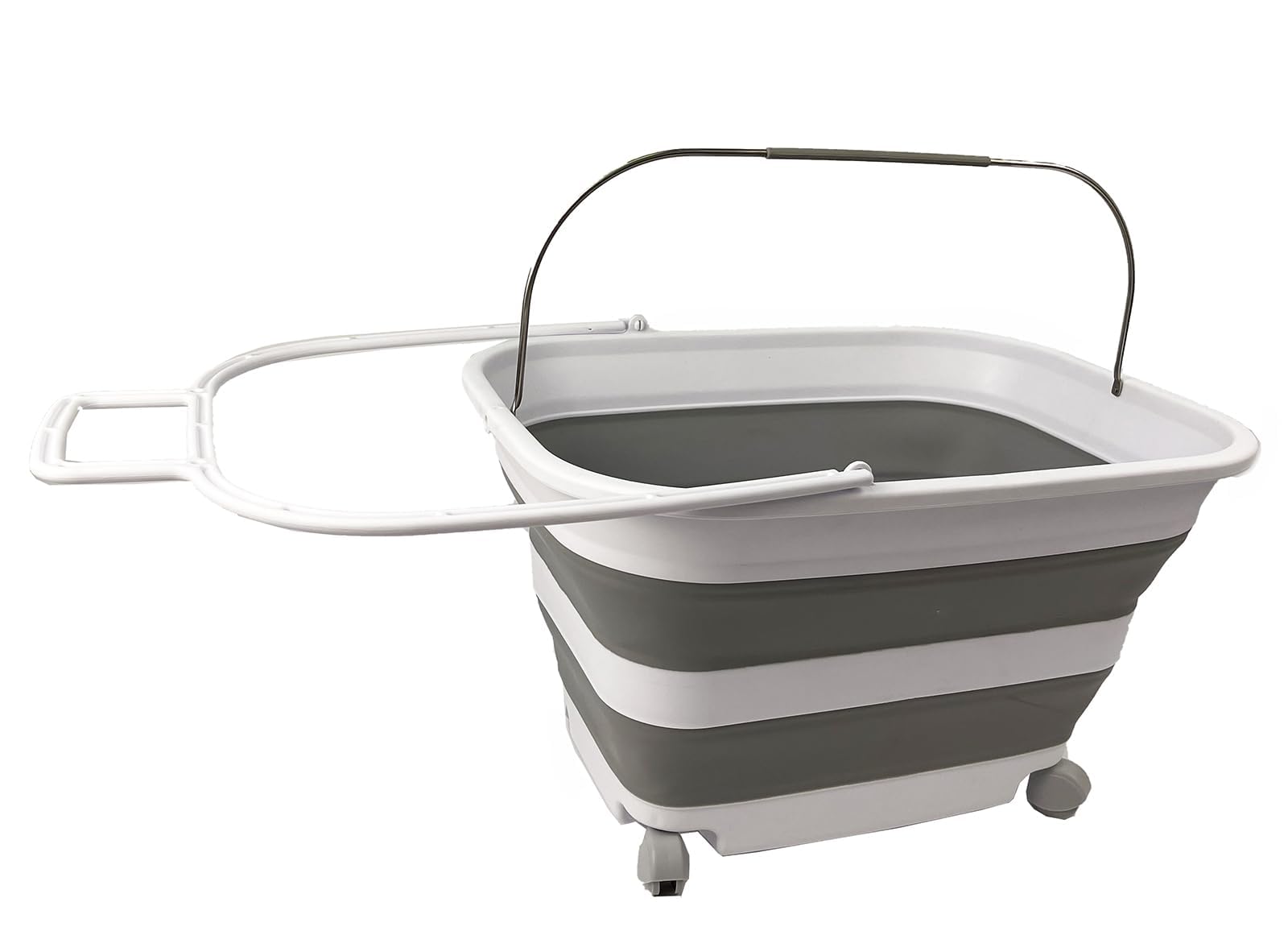 SAMMART 35L Collapsible Plastic Laundry Basket with Handle and Wheels - Foldable Pop Up Storage Container/Washing Tub - Space Saving (1, White/Grey)