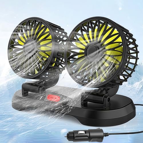 Sunshine smile Auto Ventilator für Rücksitz,12V Doppelkopf Auto Lüfter,Doppelkopf 360° drehbar Auto Fan Ventilator,2 Geschwindigkeiten Kühlender Ventilator Wohnmobil,Mini Ventilator Auto Innenraum