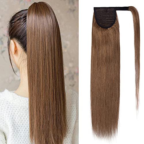 S-noilite Clip in Ponytail Extension Wrap Around Human Hair 16Inch Long Straight Pony Tail Hair Piece 80g Clip on Remy Hair Extension for Women Beauty-Light Brown