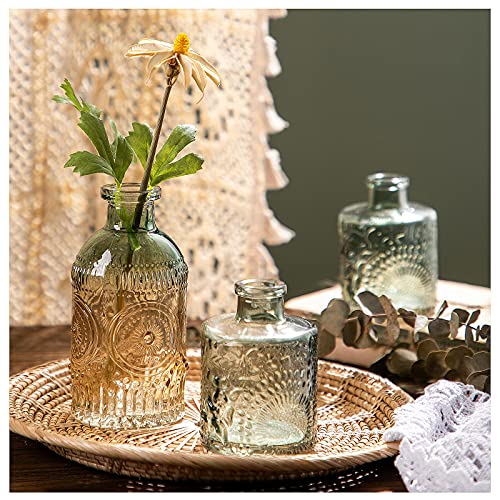 Wildmos Glass Bud Vase Set Of 3, Small Flower Vases For Decorative, Gradient Glass And Embossed Style Mini Glass Bottles For Home Decor, Vintage Glass Bottles For Centerpiece 3.3"-5.2''H(Green) #TOP9