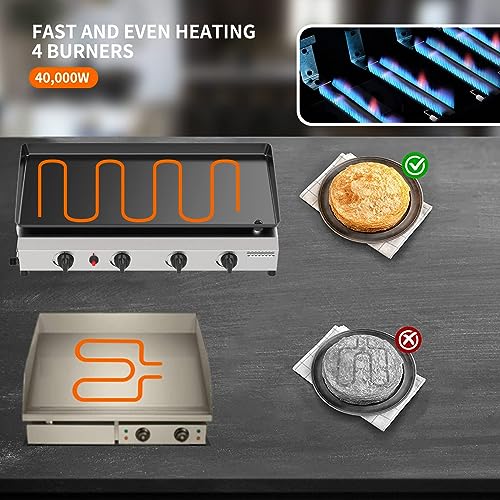 SKOK-4-Burner-Flat-Top-Gas-Griddle-30-Inch-Outdoor-Griddle-40000-BTU-Propane-Fuelled-Portable-Gas-Griddle-Camping-Griddle-Station-with-Side-Shelves-for-Kitchen-Outdoor-BBQ-Camping