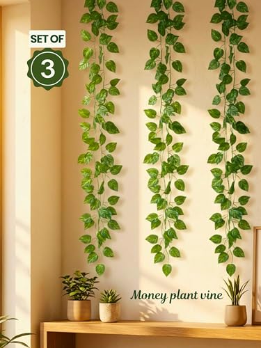 Image of Bombay Greens Artificial Money Plant Vine | Realistic Money Plant Creeper for Wall Hanging, Door, Balcony & Home Office Decor | Artificial Green Hanging Vines for Decoration & Festival - Set of 3