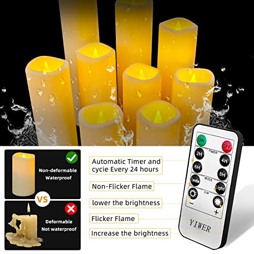 Image of YIWER Plastic Waterproof Flameless Candles Set of 18: Battery Operated Candles Ivory Flickering Pillar Candles Include 4 inch /5 inch /6 inch /7 inch /8 inch /9 inch with 10-Key Remote 2 /4 /6 /8H Timer Function