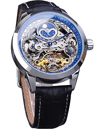 FORSINING Herren-Skelett-Mondphasenuhr, mechanisch, selbstaufziehend, Tourbillon, Dual-Zeitzonen-Uhren, automatisch, luxuriöses Lederband, großes Zifferblatt, Armbanduhr, Blau, Classic