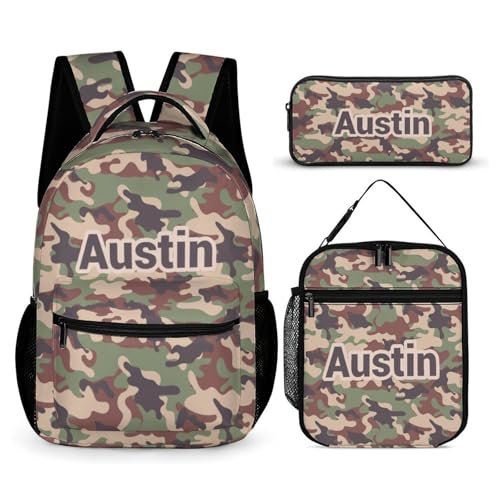 Add Your Name On Camouflage Khaki Green School Backpack for Kids Boys Girls Gifts Custom School Bag Set with Lunch Box Pencil Case