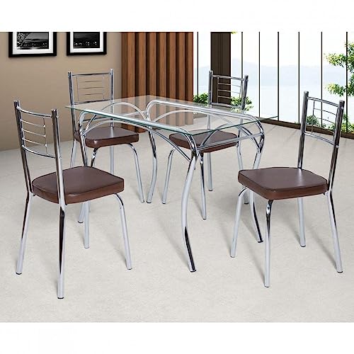 Conjunto de Mesa Tampo Vidro Lion com 4 Cadeiras Juliana Art Panta Cromado/marrom