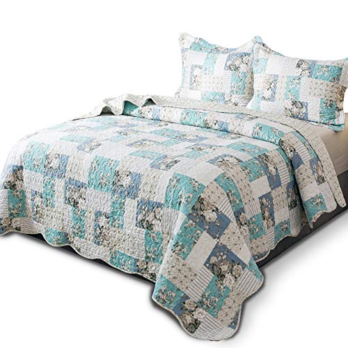 KASENTEX Twin Quilt Set Lightweight Bedspread Coverlet(Green Floral Patchwork, 86x68) TWIN + 1 Sham Multi-aqua Green