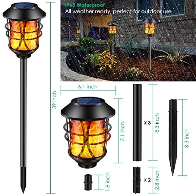 TomCare Solar Outdoor Lights Metal Flickering Flame Torches Waterproof Heavy Duty Pathway Landscape Lighting Dusk to Dawn Auto On/Off for Garden Patio Yard, 4 Pack