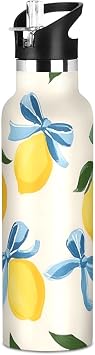 Water Bottles for Kids Lemons with Blue Bows Leakproof Insulated Flask Jug Insulated Stainless Steel Travel Mugs Thermos Bottle Cups with Straw Lid for Sport 20oz