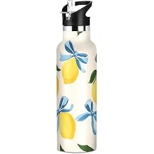 Water Bottles for Kids Lemons with Blue Bows Leakproof Insulated Flask Jug Insulated Stainless Steel Travel Mugs Thermos Bottle Cups with Straw Lid for Sport 20oz