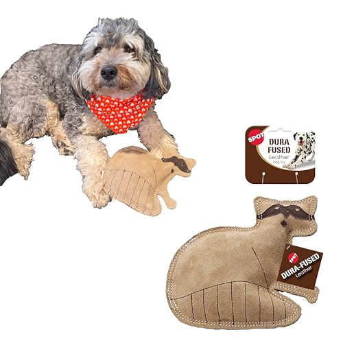 SPOT Dura-Fused Leather Raccoon Dog Toy Real Leather & Jute Fabric Double-Stitched & Durable Squeaky Interactive Chew Toy for Moderate Chewers Small & Medium Dogs Soft Stuffed Fetch Toy 7.25in