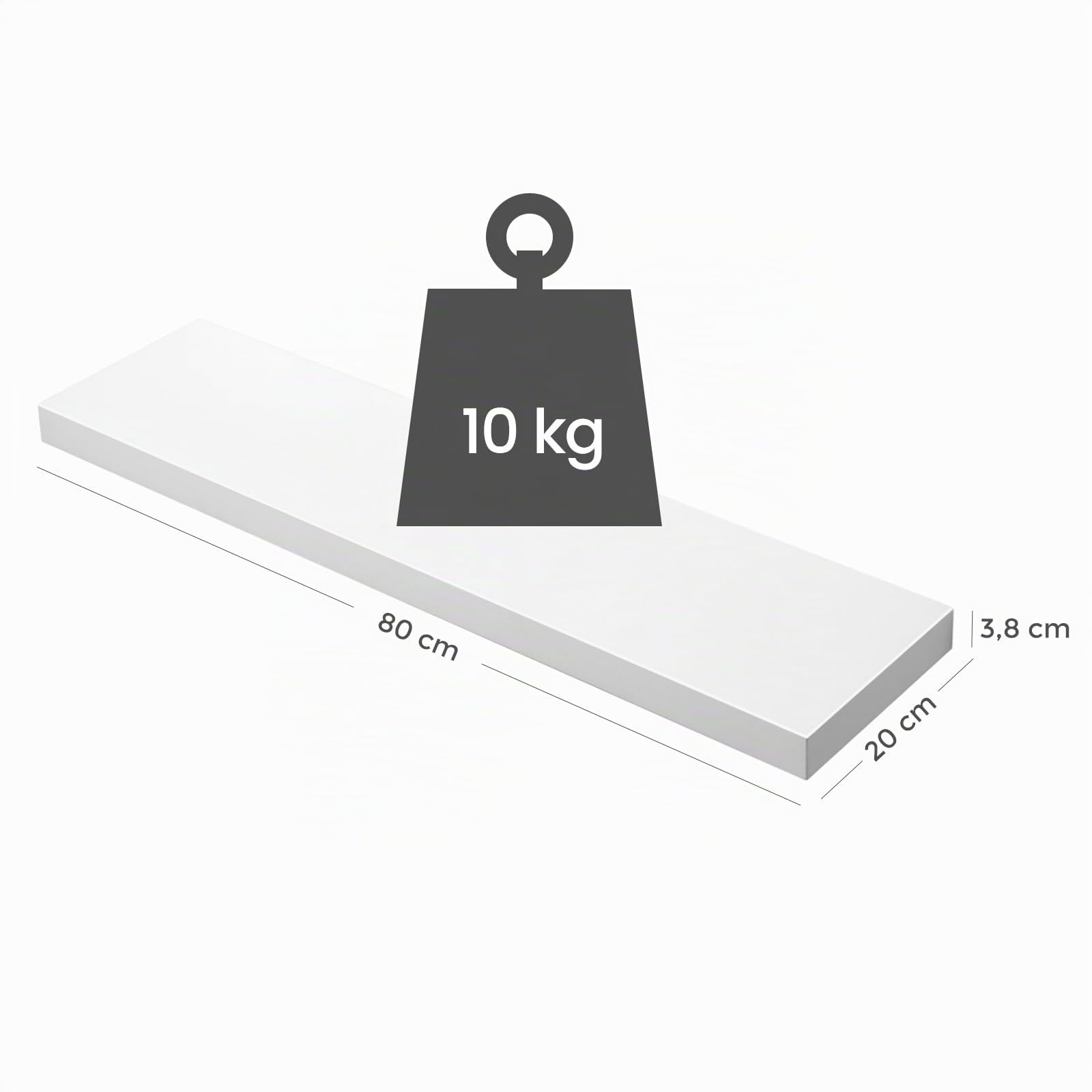 VASAGLE Mensola da Muro, Mensola da Parete, 20 x 80 x 3,8 cm, per Portafoto Decorazioni, Soggiorno Studio Cucina, Bianco Classico LWS28WT